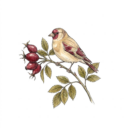 Botanical watercolor songbird perched on berry branch